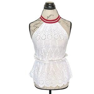 Zara Basic Denim XS White Crochet Knit Tank Top Eyelet Sleeveless Ruffled Core